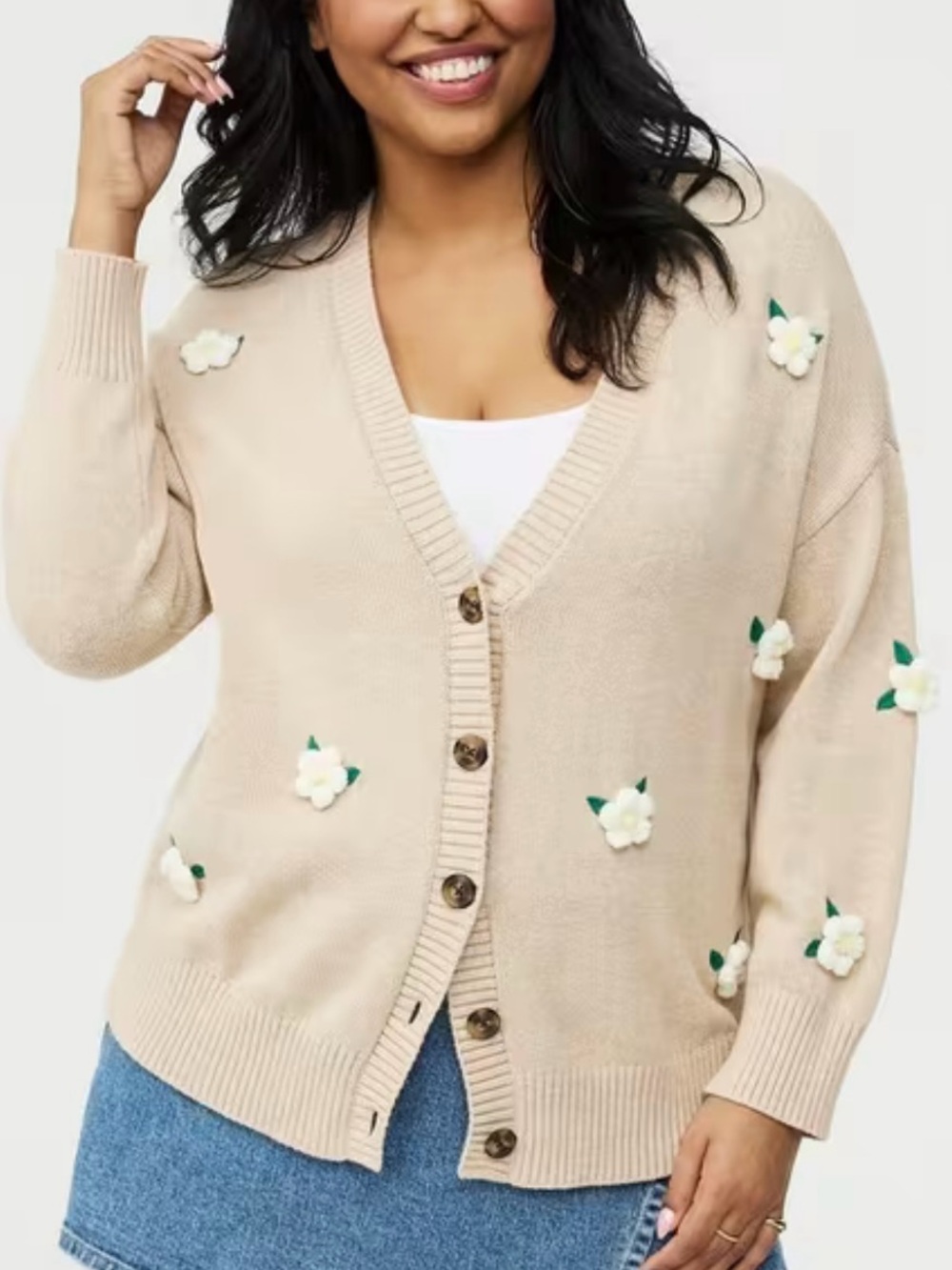 Torrid Beige Floral Appliqué V-Neck Cardigan Sweater Size 2X